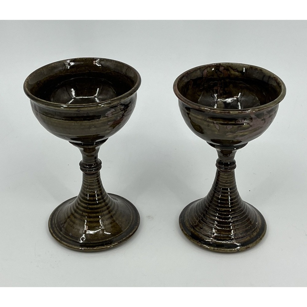 2 Studio Art Pottery Wine Goblets Boho Style Coordinating Signed